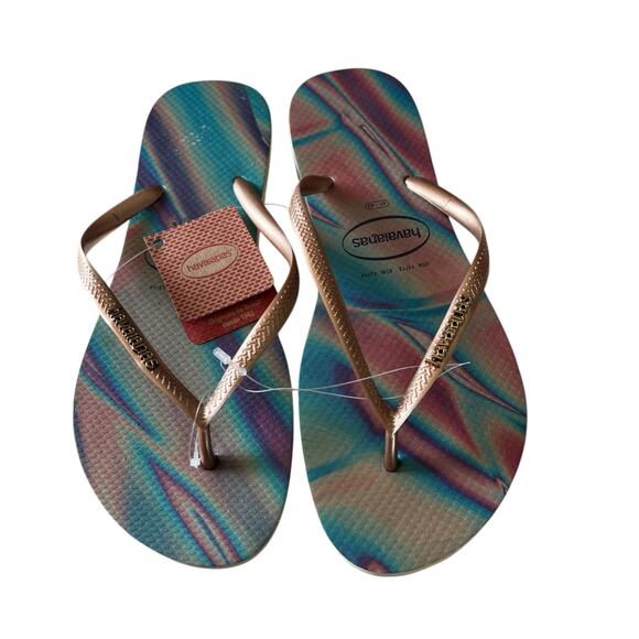 NEW HAVIANAS Sand Gray Marbled Flip Flops Sz 11/12 Rose Gold Summer Sandals Logo - Picture 1 of 7